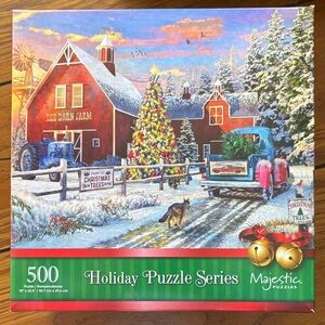 Majestic Holiday Puzzle Series - Red, Green, Blue Barn Scene